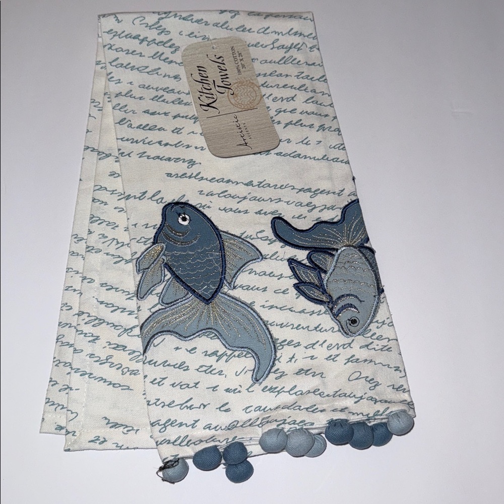 New Artistic Accents Tea Towel 100% Cotton 20 x 28” Blue Fish With Script